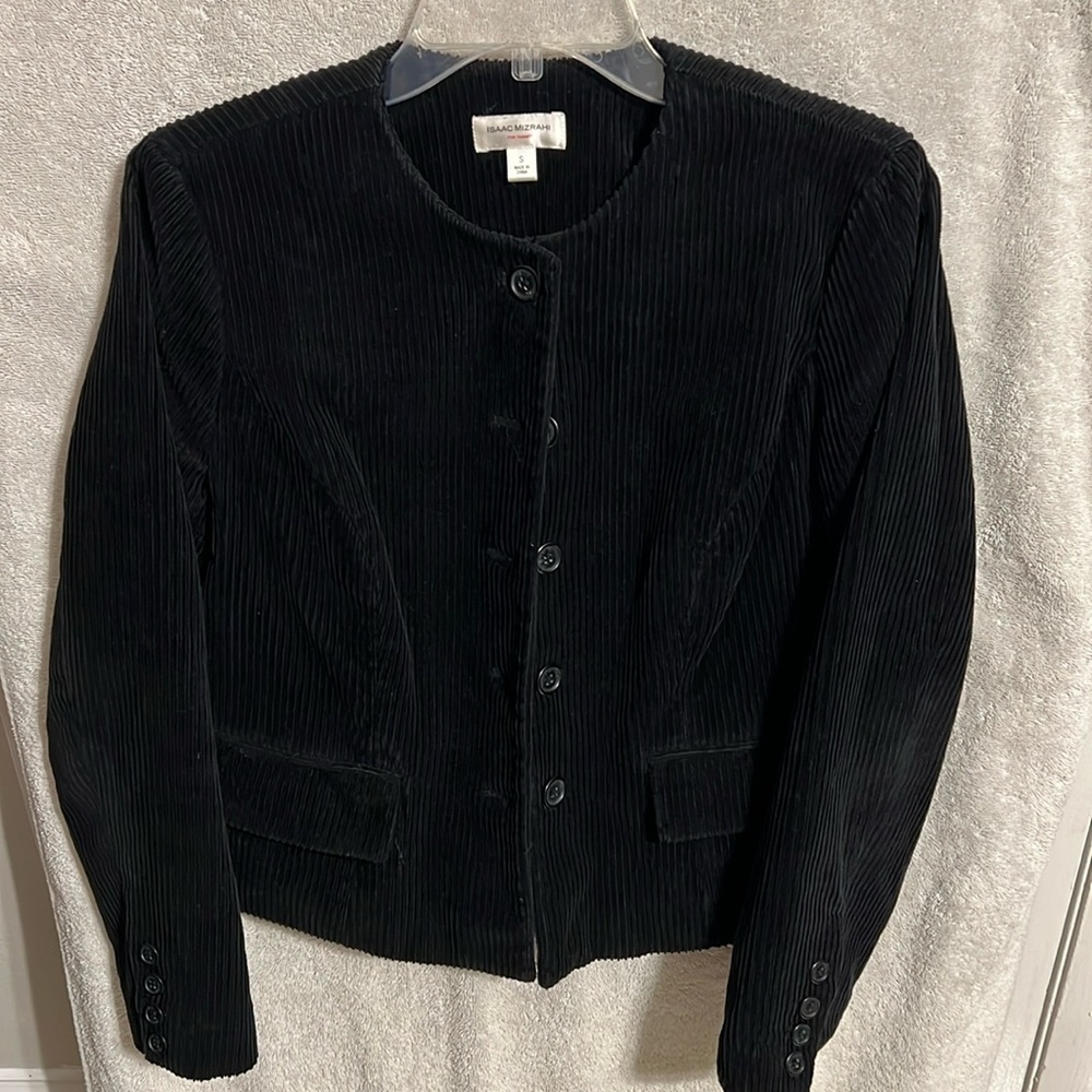Isaac Mizrahi Black Corduroy Round Neck Fitted Button Down Small Jacket